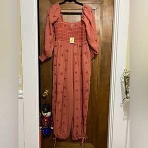 Free People Dahlia Embroidered Jumpsuit Embroidered Smocked Small New